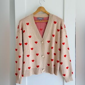 Marled Beige Cardigan with Red Heart Accents